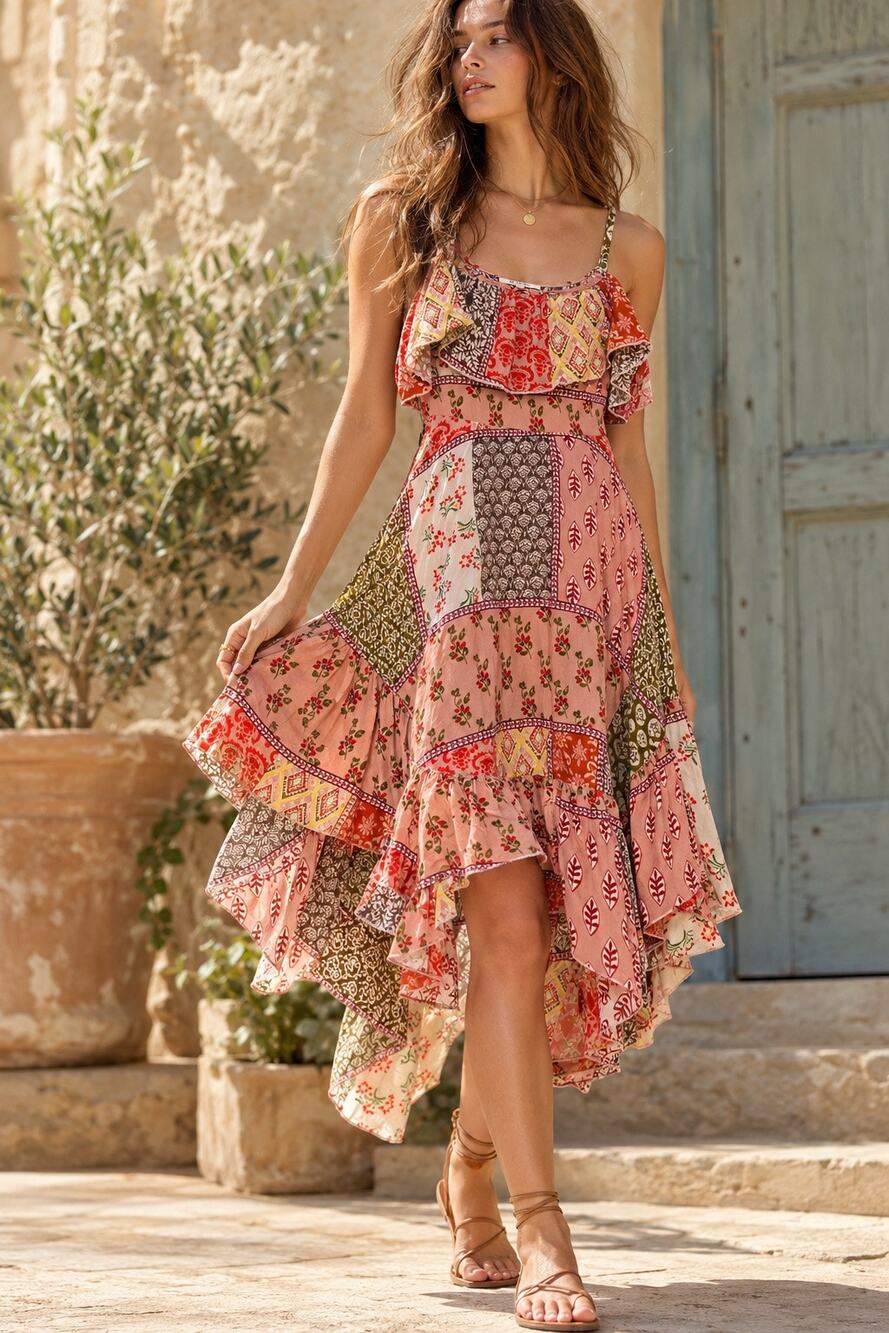 Abel The Label Anthropologie Gypsiana Patchwork  Hi-Low Dress XS Boho Whimsical